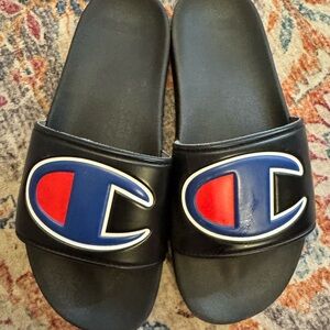 Champion Kids Black Slides with Blue and Red Logo